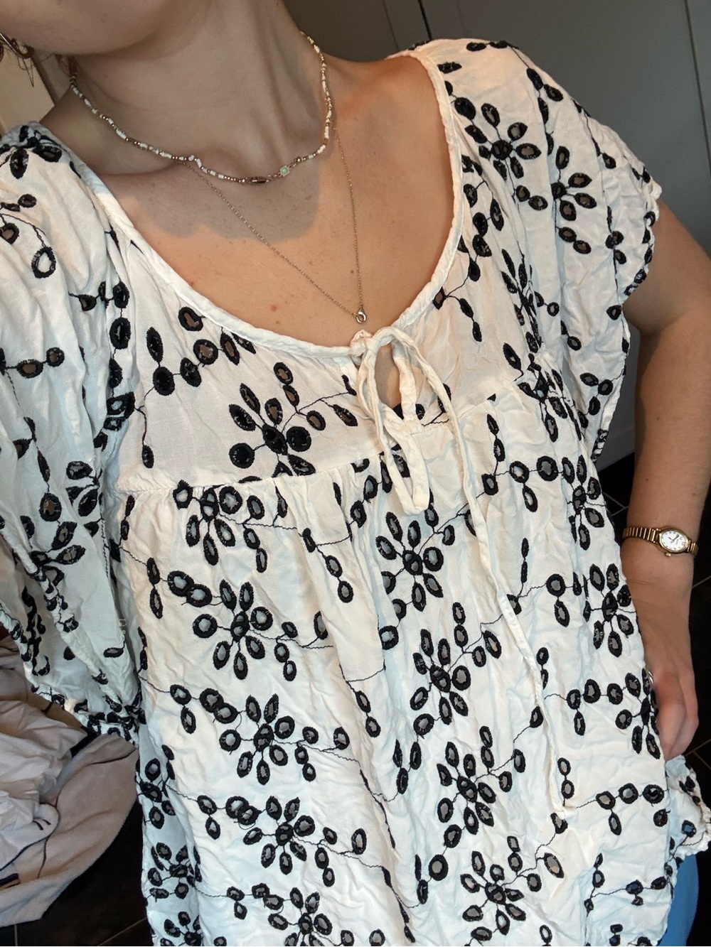 Velvet by Graham & Spencer Bohemian Embroidered Black & White Eyelet Blouse - XS